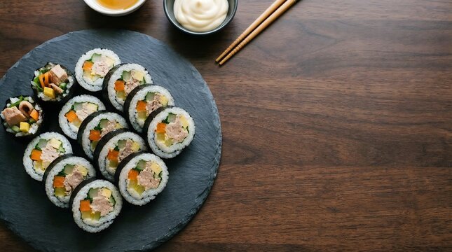 Korean kimbap gimbap rolls on dark slate plate with soy sauce traditional seaweed rice sushi