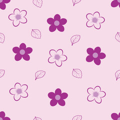 Seamless pattern of purple flowers and leaves on a purple background