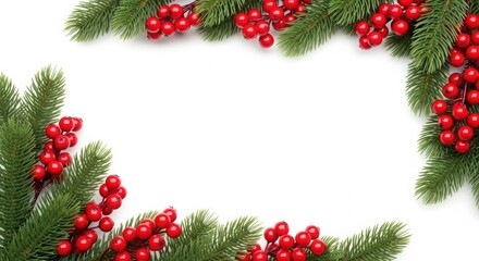 Fototapeta premium Christmas garland border with red berries on isolated white background for holiday decoration