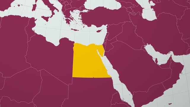 Egypt map. Animated zoom into the country on the Globe in Pale Mint Dark Pink color palette. Country logo animation with round text and airplanes. Map with meridians, parallels. Authentic video.