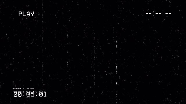 Retro VHS Play Static Screen Noise Overlay with Timecode and Analog Glitch Lines 4k video animation seamless loop