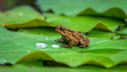 Fototapeta premium A brown frog sits on a green lily pad with water droplets