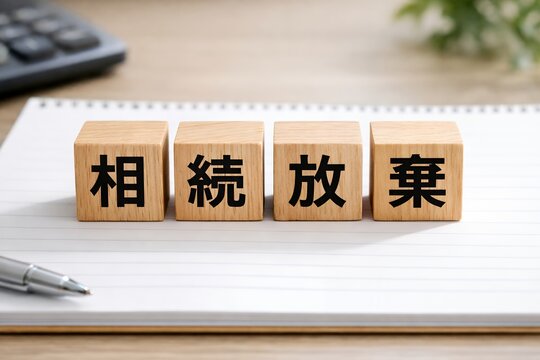 ノートの上にならんだ木のブロックに黒い文字で相続放棄と書かれた手続きのイメージ写真