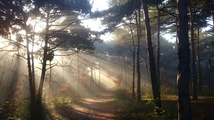 Fototapeta premium Beautiful morning sunlight rays piercing through misty pine trees in a tranquil forest