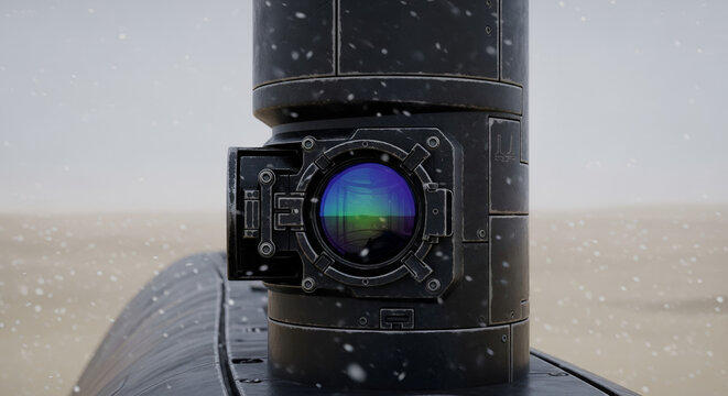 Submarine periscope view in snowy environment naval technology for observation military vessel underwater in cold weather conditions