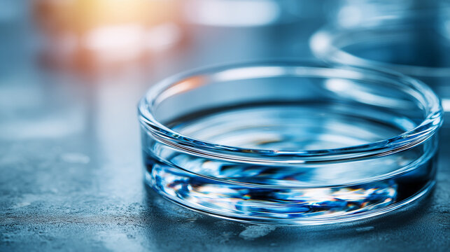 Abstract Laboratory Dish with Blue Liquid and Light
