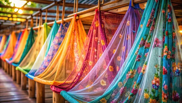 A photo of bed nets hanging on a wooden rack, each net displaying colorful patterns and designs to deter insects