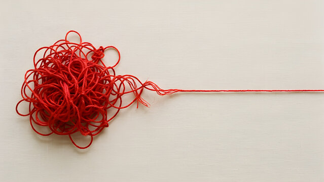 Chaotic tangled red thread knot unraveling into perfectly straight continuous line showing mental health problem solving