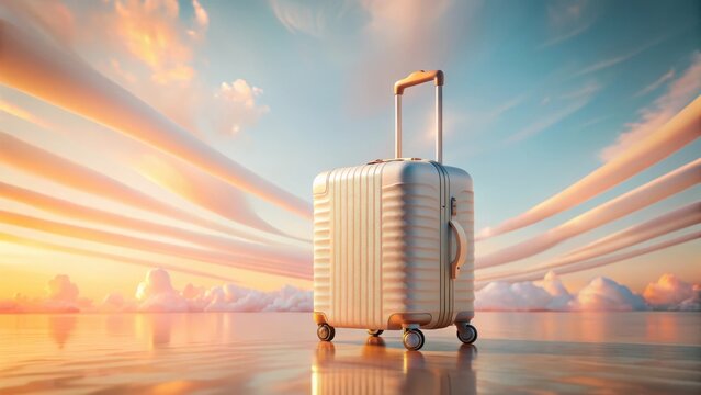A photo of a soft abstract background with gentle hues blending from light salmon to white, featuring a suitcase on wheels adorned with vibrant gradie
