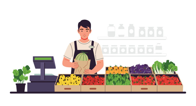 Young male shopkeeper wearing an apron standing behind a grocery store counter filled with fresh fruits and organic vegetables.