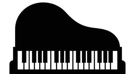 Silhouette of a grand piano with a prominent keyboard against a stark black and white background.