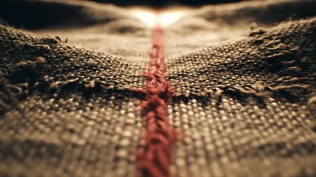 Closeup of burlap fabric with red stitching.
