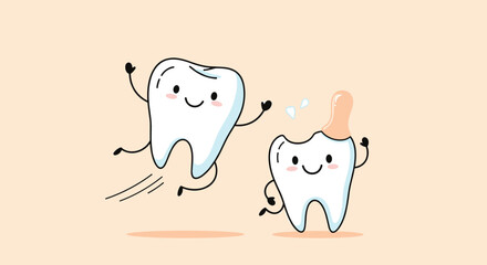 Two cheerful white cartoon teeth characters jumping and running happily on a light orange background to promote good dental hygiene habits.