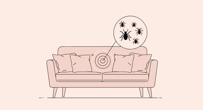 Light pink sofa with a magnified circle icon showing various microscopic pests like dust mites or bed bugs living deep inside the fabric.