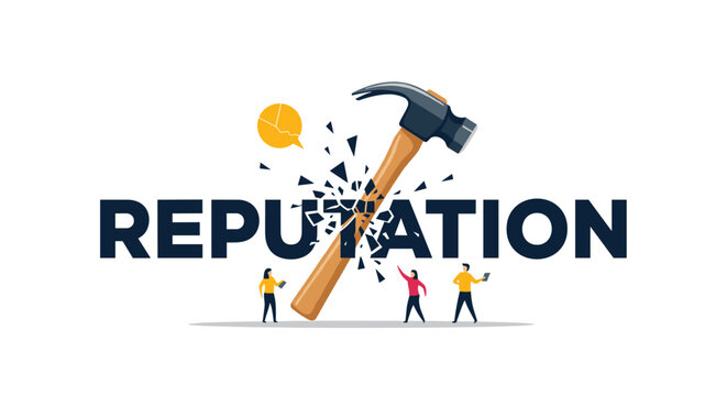 Large wooden hammer smashing the word reputation into small pieces while tiny figures look on with distress or deep concern for the loss.
