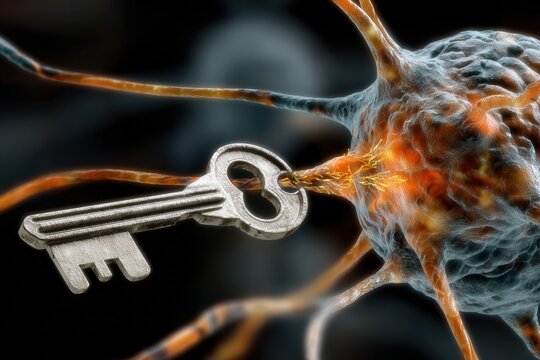 Biological wall representing blood brain barrier with nanomedicine key particle passing through glowing portal in ethereal blue and gold.