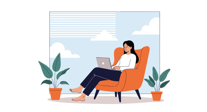 Woman sitting in a comfortable armchair at home using her laptop with green plants and a window view in the background room.