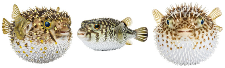 Three charming pufferfish in various poses, showcasing their unique spiky texture, isolated on a transparent background. © Gogu