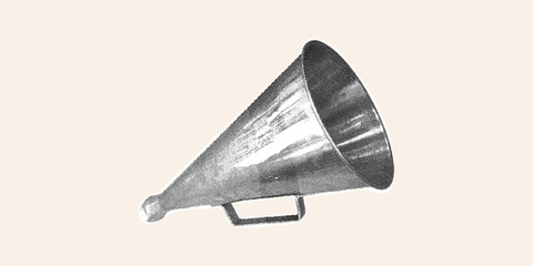 Vintage megaphone isolated on background. Trendy halftone collage. Classic hand-held acoustic loudspeaker. Retro communication tool for advertising and marketing campaigns. © Наталья Косаревич