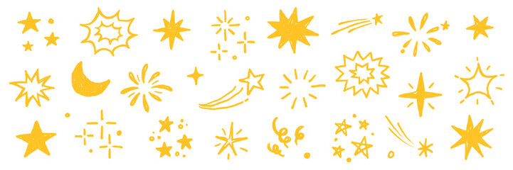 Star gold sticker icon collage set. Star icon sketch hand drawn line brush crayon texture vintage background. Cute kid magic twinkle sparkle, glow moon, space figure. Vector illustration © Polina Tomtosova