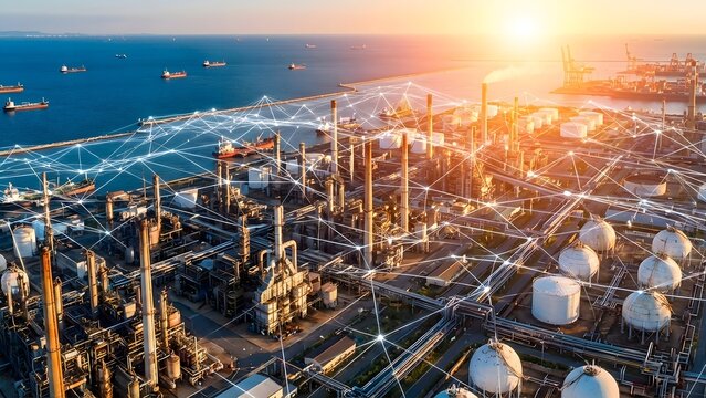 Smart factory with digital network and data communication, industrial plant with connected system, concept of industry 4.0 and global business.