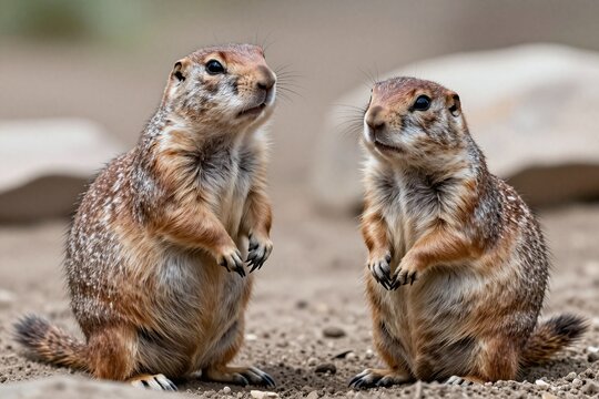 A couple of prairie dogs standing next to each other