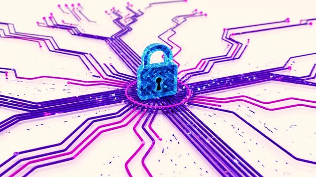 A futuristic digital illustration of a blue padlock at the center of colorful, diverging circuit lines on a pale background