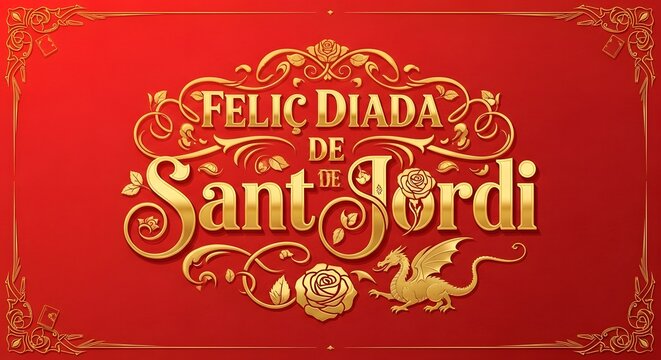 Felic diada de sant jordi greeting card with golden text on red background