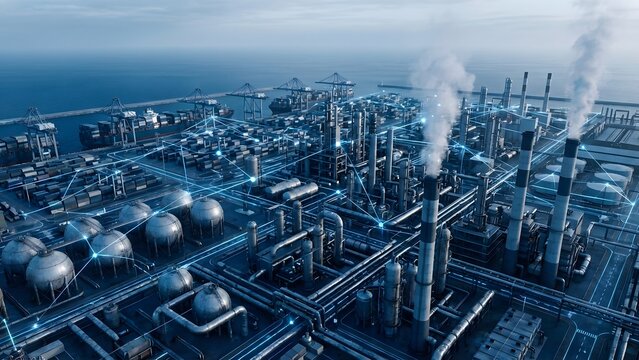 Aerial view of a large industrial oil refinery or chemical plant with smoking chimneys and storage tanks near the ocean at dusk.