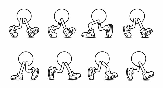 Animation sequence of a stick figure's walking cycle with oversized shoes
