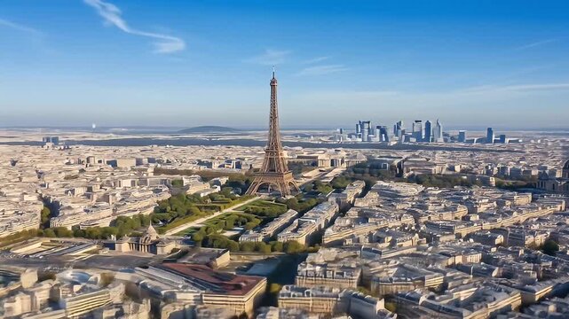Tower over City aerial view of a cityscape with a tall metal tower and blue skies above