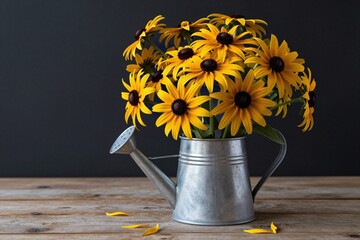 A metal watering can filled with yellow flowers on a table © Ease Enjoy