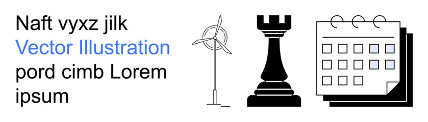 Sustainability, strategic planning, time management, renewable energy, business development, and scheduling. Icons of a wind turbine, rook and calendar. Renewable energy and strategy concepts © robu_s