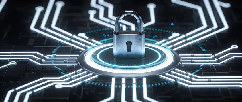 Cyber security padlock technology network protection digital lock encryption data privacy concept glowing blue futuristic circuit background abstract secure connection system