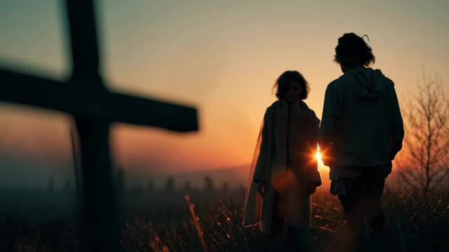 Couple walking and holding hands near a cross at sunset  