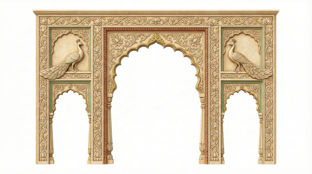 An ornate golden archway featuring peacock motifs and intricate details