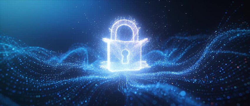 Cyber security data protection digital padlock glowing lock network privacy blue light encryption abstract background technology concept futuristic wave cyberspace trust firewall access control