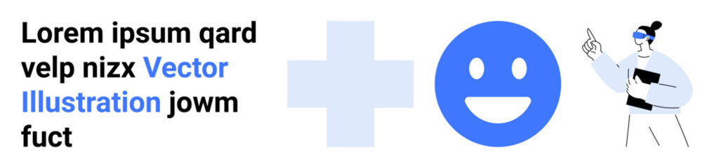 Fototapeta premium Healthcare, emotional well-being, education, positivity, communication, technology. Blue happy face with text and a woman pointing. Healthcare and emotional well-being concept