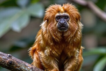 A golden lion tamarin sitting on a tree branch