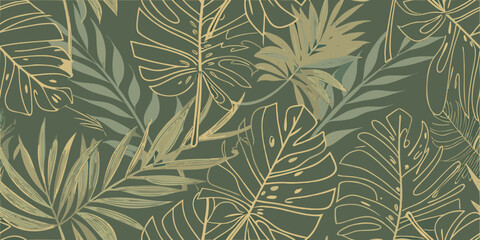 Elegant tropical leaves pattern in shades of green and gold © Pali