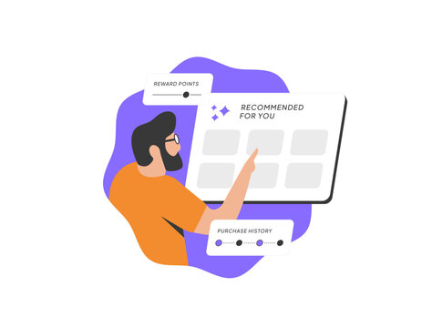 AI product recommendation engine, e-commerce personalization using purchase history and reward points generating ai recommended products improving loyalty retention and marketing, vector illustration