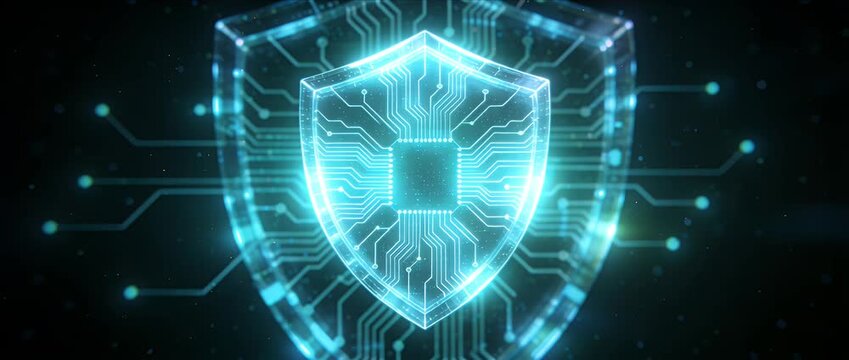 Cyber security shield digital data protection glowing blue circuit board firewall network technology concept futuristic network data safety defense icon abstract background glowing protection circuit