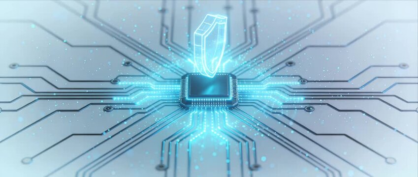 Cyber security shield glowing over digital circuit chip with blue technology network protection data encryption firewall defense futuristic glow abstract background visualization