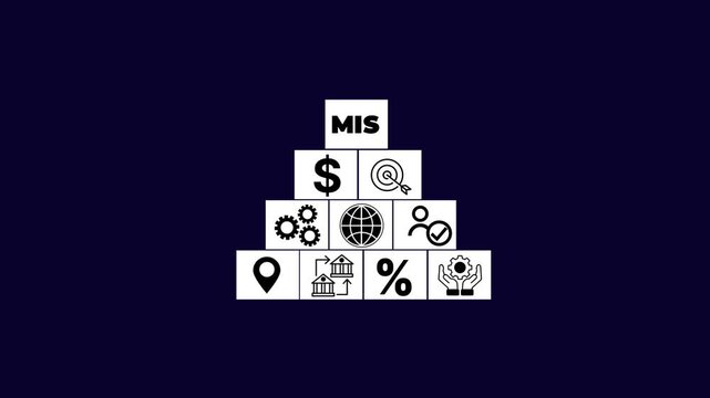 MIS pyramid diagram with icons for finance, global network, idea, document, and people icon. Digital marketing concept, online advertisement, ad on website and social media.