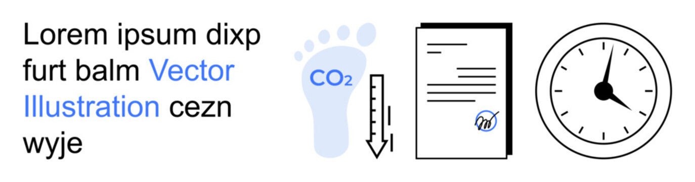 Carbon footprint, environmental metrics, time efficiency, CO2 emission reduction, document tracking, resource management. Blue footprint icon with CO2, clock and document illustration. Environmental