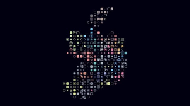 Ireland map animation. Shape of the country with pulsating colored dots. Large size rounded square blocks. Digital style Ireland map on dark background. Simple video.