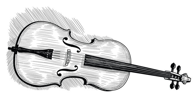 Hand-drawn engraving of a classical cello string instrument shown from a top-down perspective against a textured hatching background.