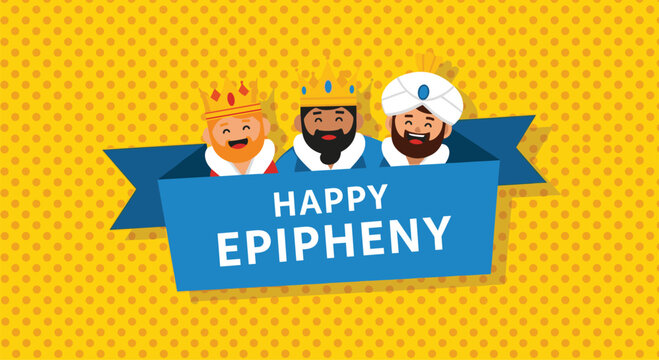Festive celebration banner for Happy Epiphany featuring cartoon illustrations of the Three Wise Men on a vibrant yellow polka-dot background.