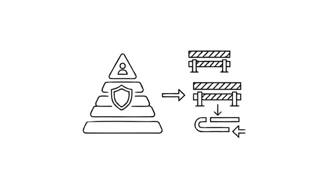 Security pyramid with shield and person symbol facing obstacles.