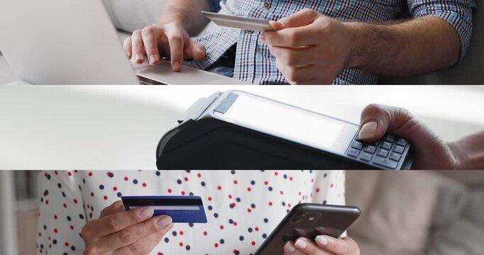 Contactless payment, financial transaction, online shopping banners collage. E-commerce customers, using digital gadgets, POS terminal, credit card for buying. Cropped close up shots of hands